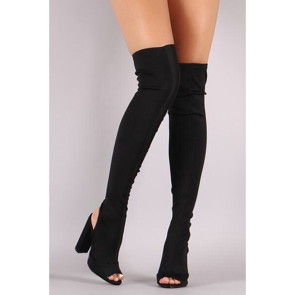 D heart Shoes - Peep Toe Fitted Chunky Heeled Over The Knee Boots